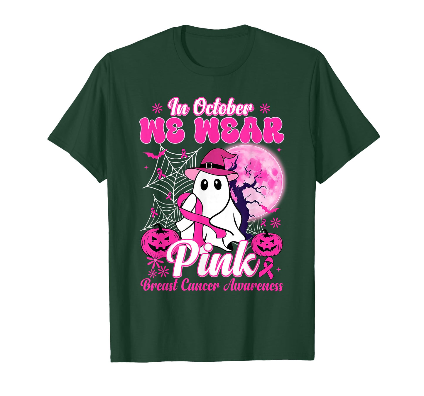 in October We Wear Pink Ghost Witch Breast Cancer Awareness T-Shirt