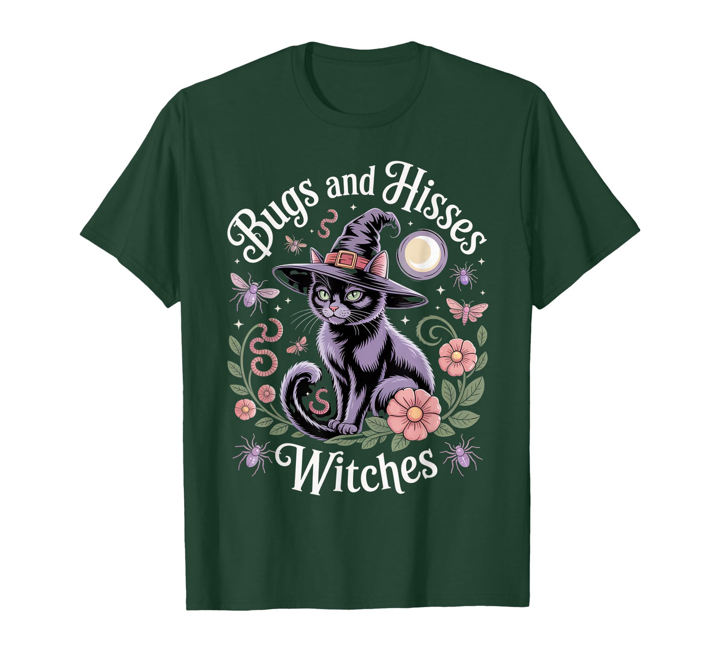Bugs and Hisses Witches Cat Floral Halloween Women Teen Tee T-Shirt
