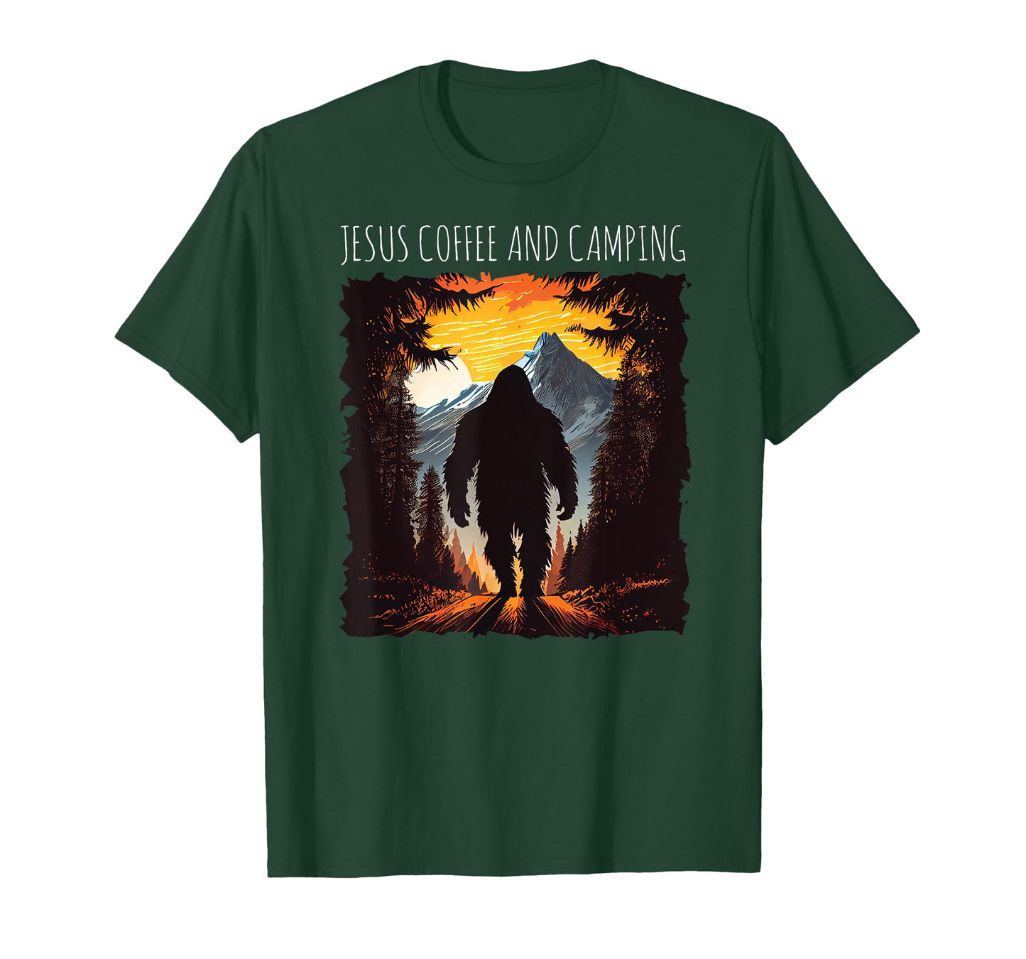 Jesus Coffee And Camping Bigfoot hiking mountains sunset T-Shirt