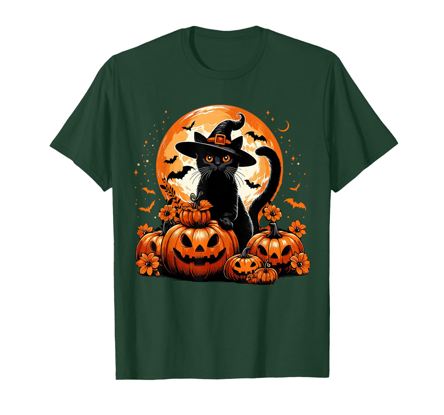 Black Cat Pumpkin with Witch Kitten Full Moon Halloween Cat T-Shirt