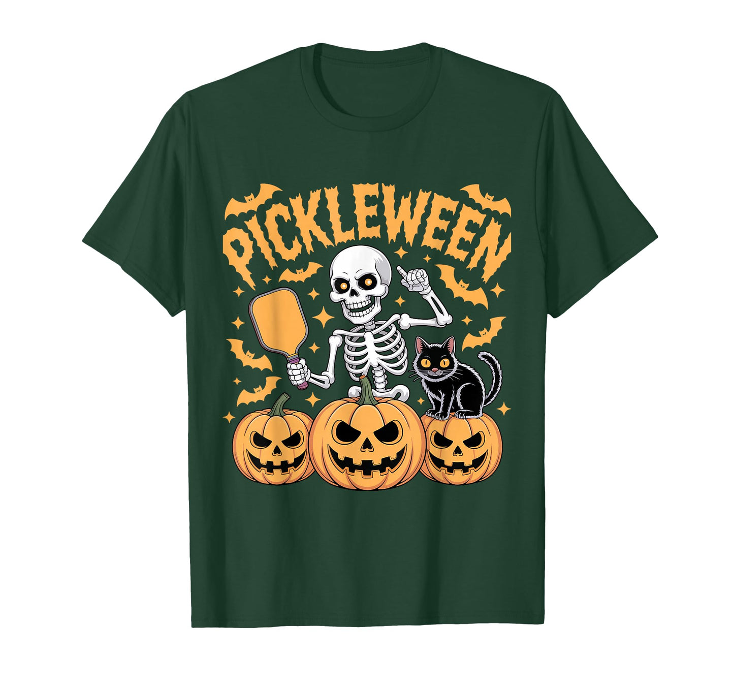 Pickleween Skeleton Cat Pumpkin Funny Halloween Pickleball T-Shirt