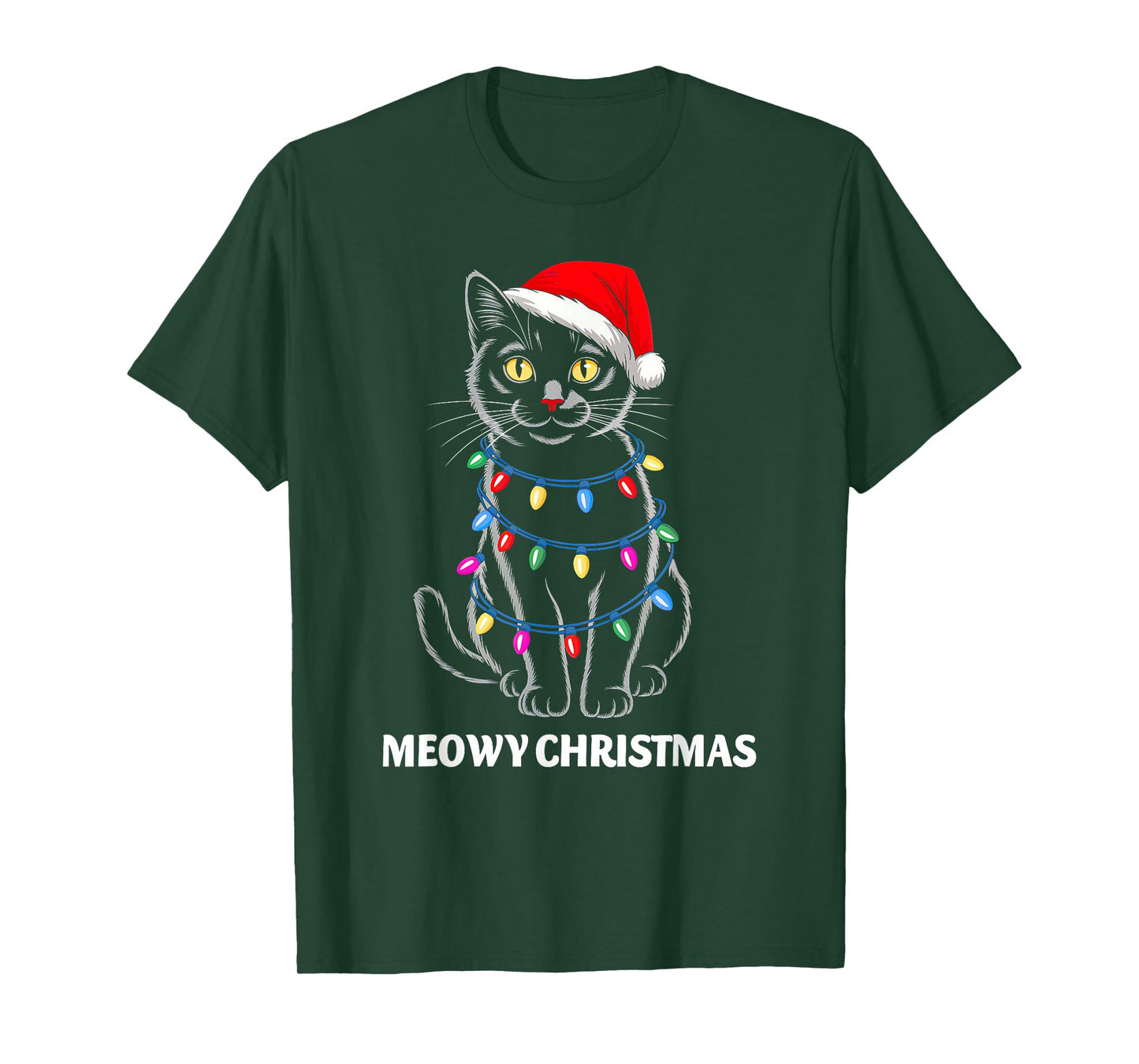 Meowy Christmas Lights Black Cat Santa Xmas Family Men Women T-Shirt