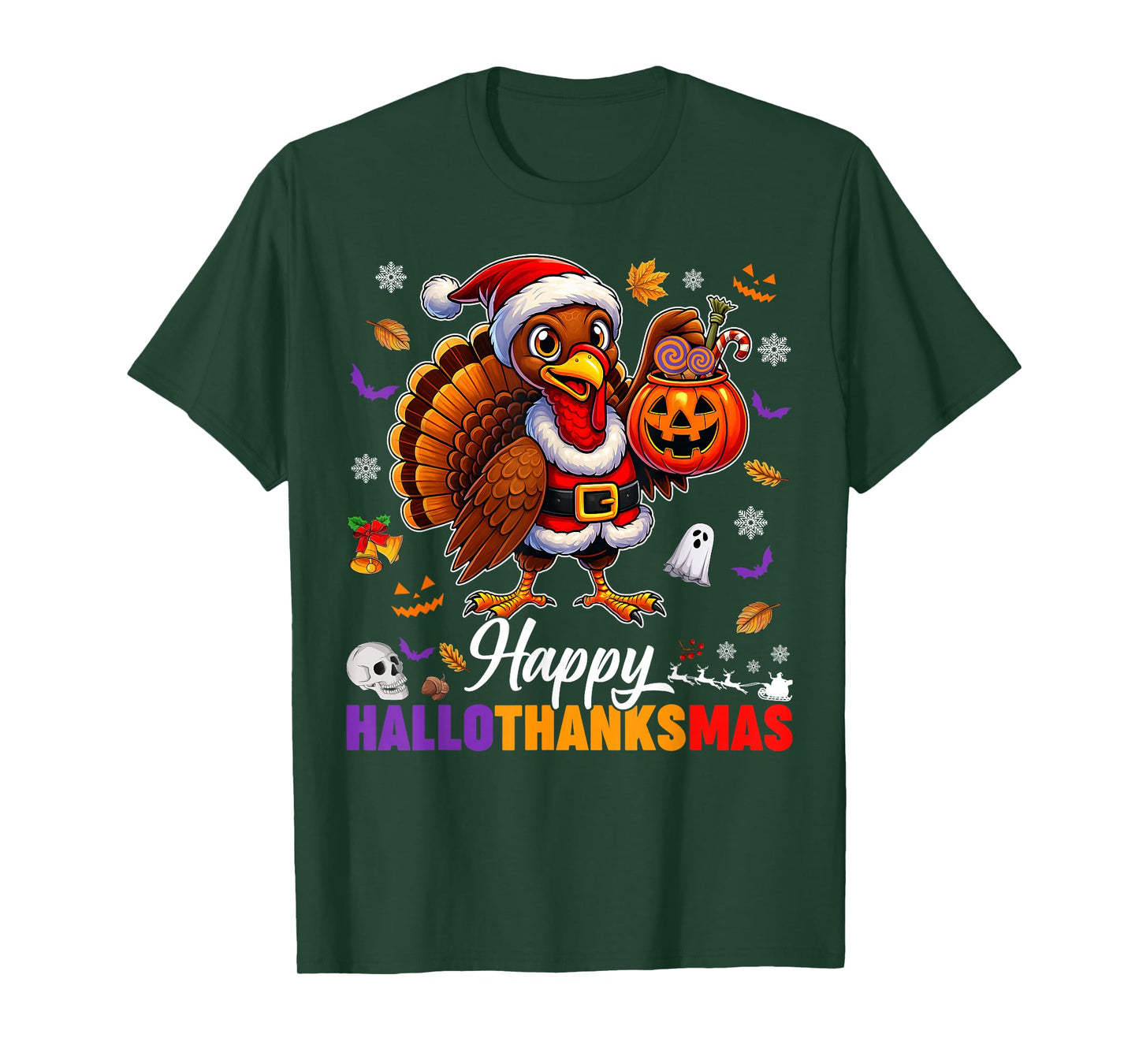 Happy Hallothanksmas Halloween Thanksgiving Christmas Turkey T-Shirt