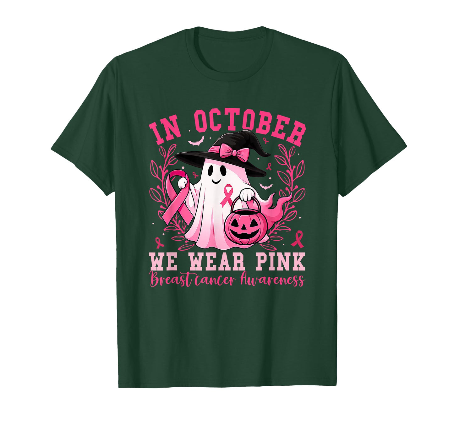 in October We Wear Pink Ghost Witch Breast Cancer Awareness T-Shirt