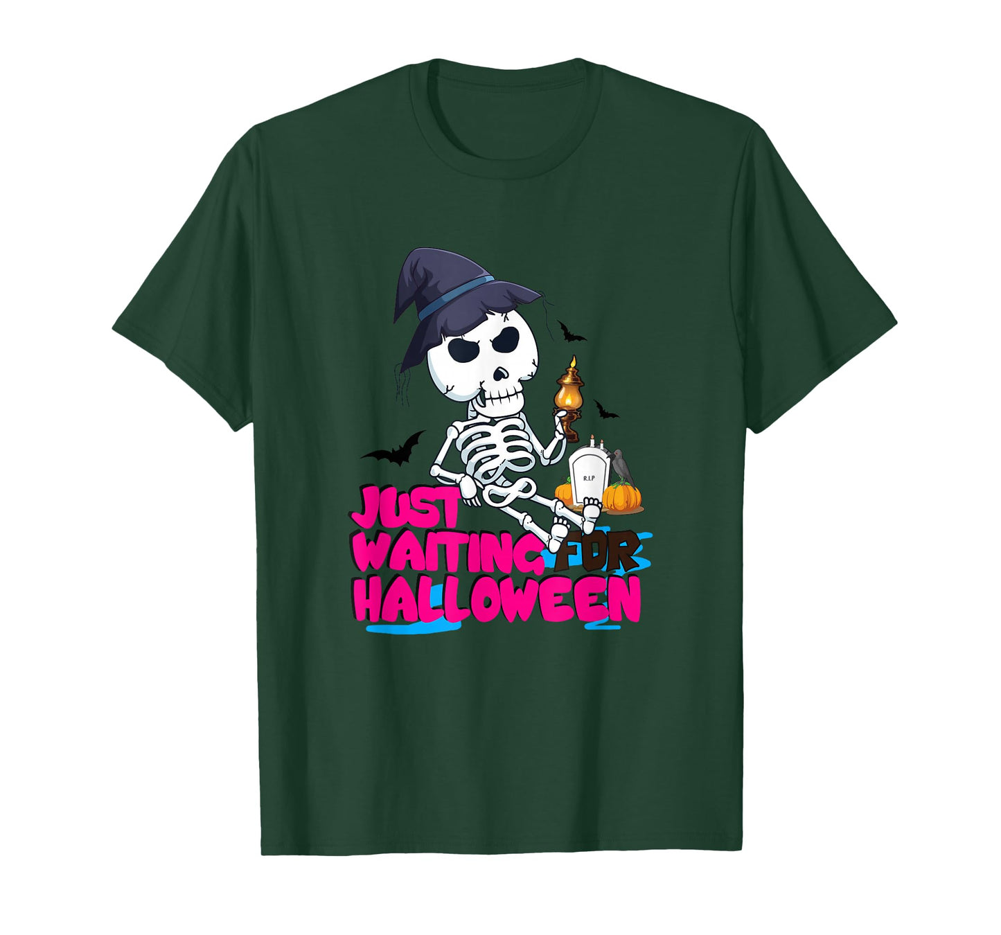 Just Waiting for Halloween Skeleton Witch Spooky Season T-Shirt