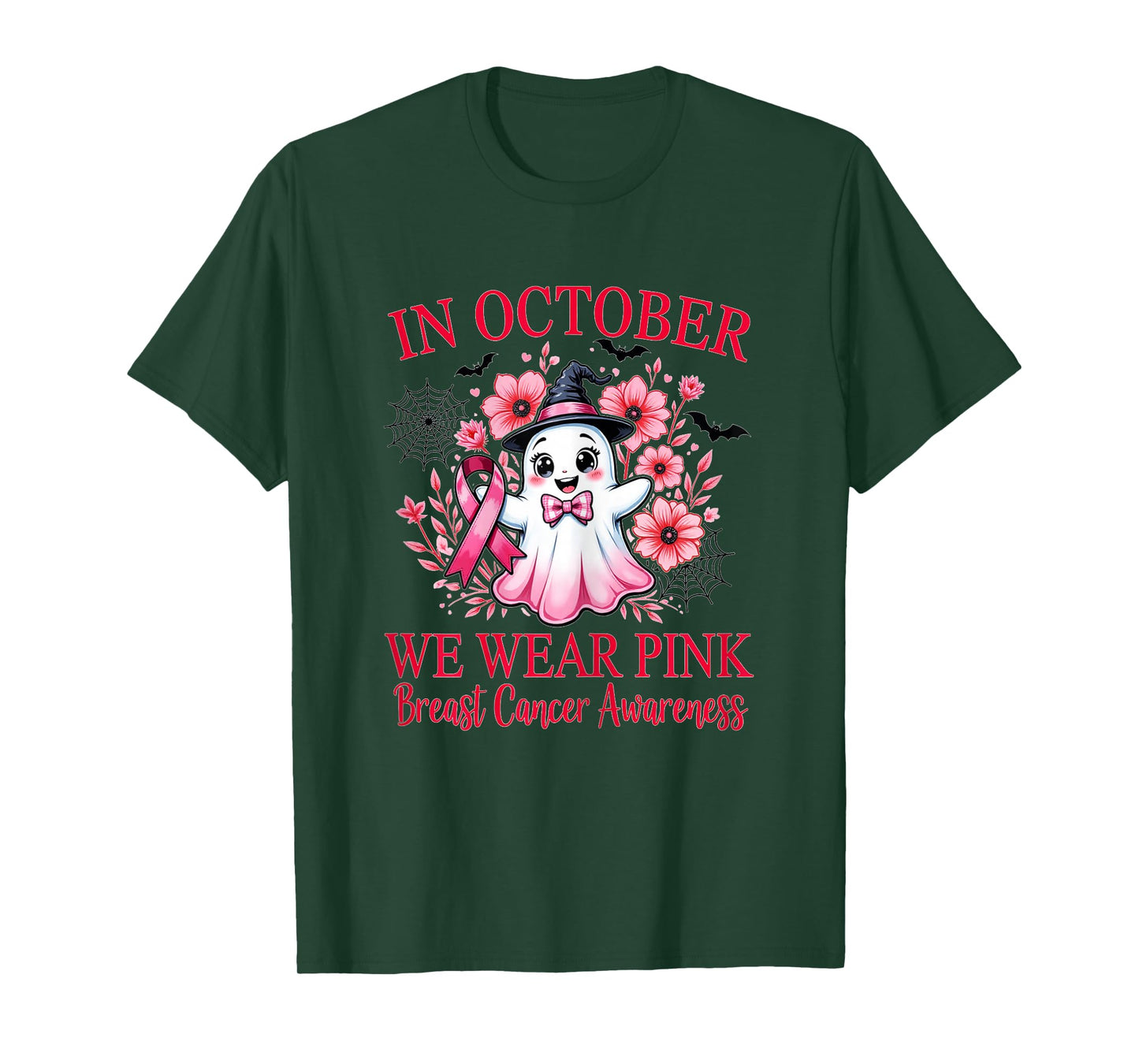 Pink Ribbon Breast Cancer Awareness Cute Ghost and Witch Hat T-Shirt