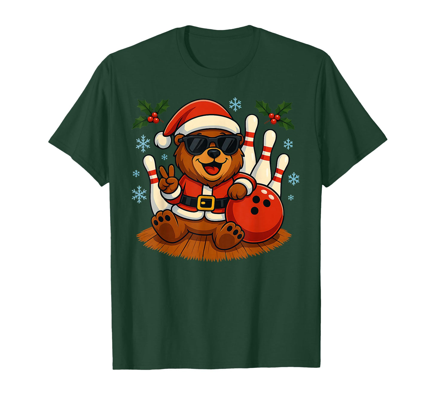 Santa Bear Bowling Christmas Funny Holiday Vibes Men Women T-Shirt