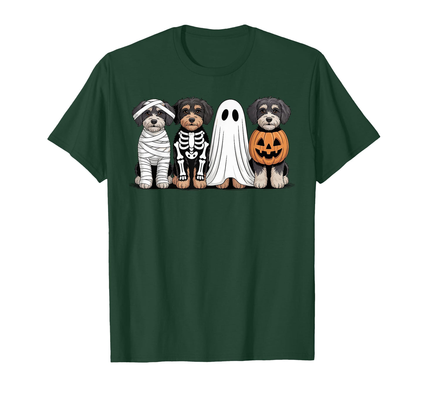 Spooky Ghost Aussiedoodle Pumpkin Halloween Dog Skeleton T-Shirt