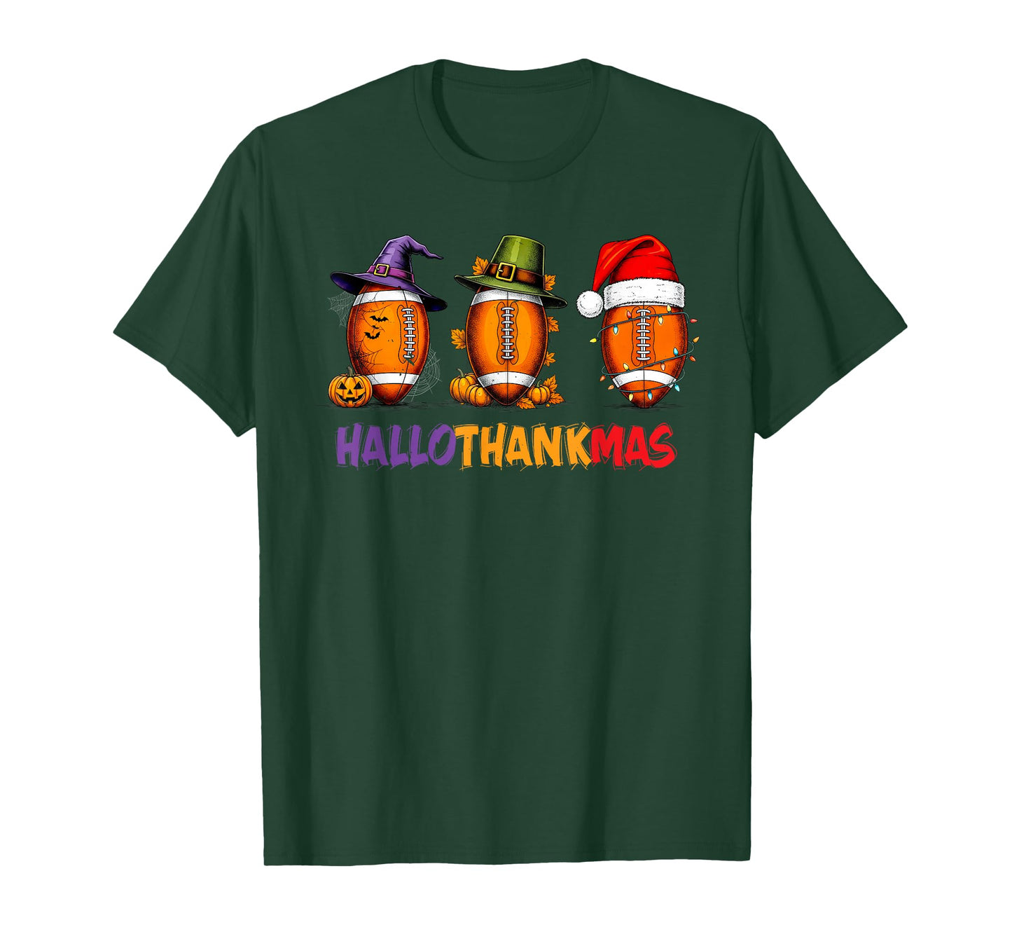 Funny HalloThankMas Football Halloween Thanksgiving Xmas T-Shirt