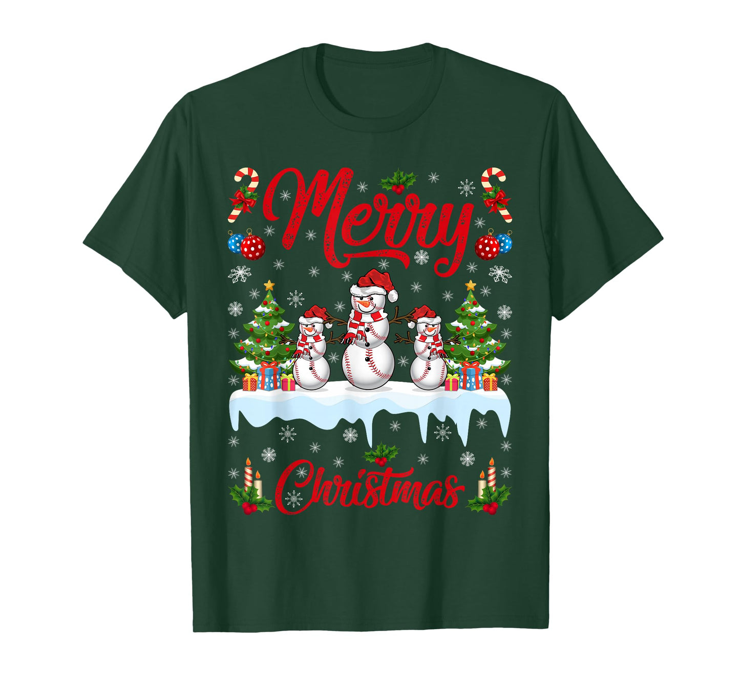 Baseball Snowman Merry Christmas Pajamas Baseball Player T-Shirt