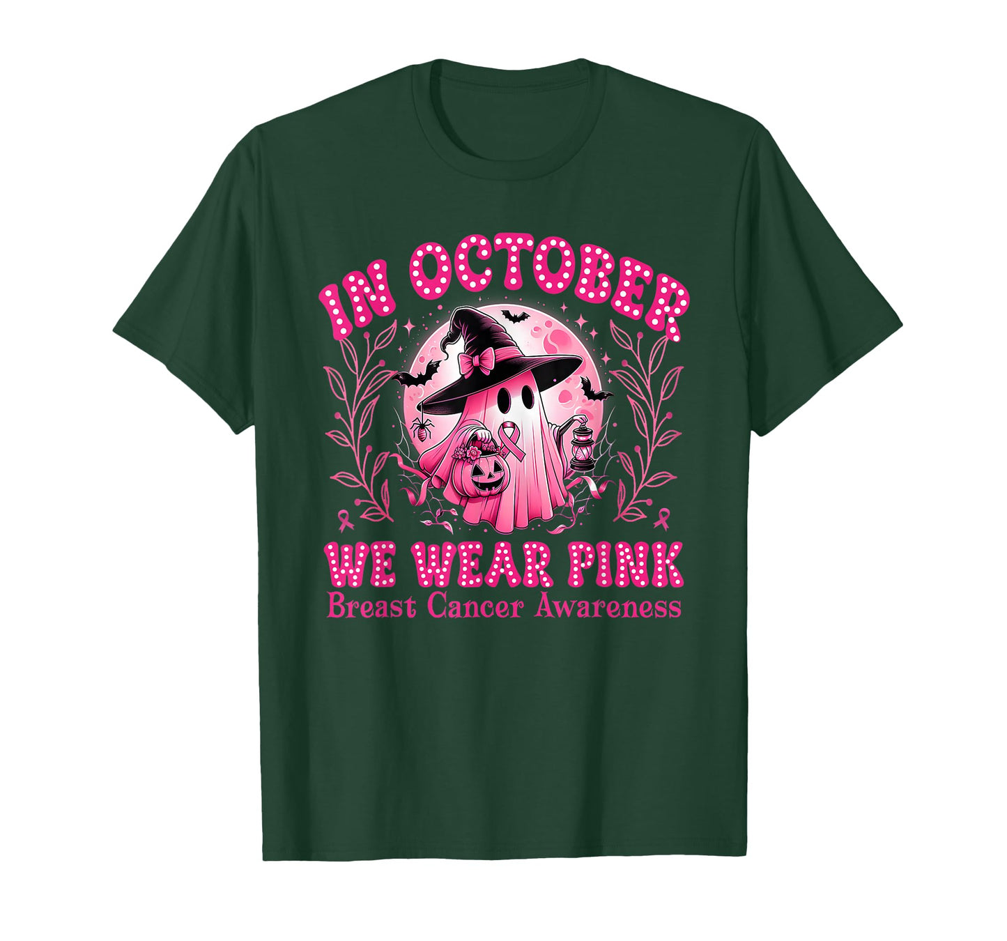 in October We Wear Pink Ghost Witch Breast Cancer Awareness T-Shirt