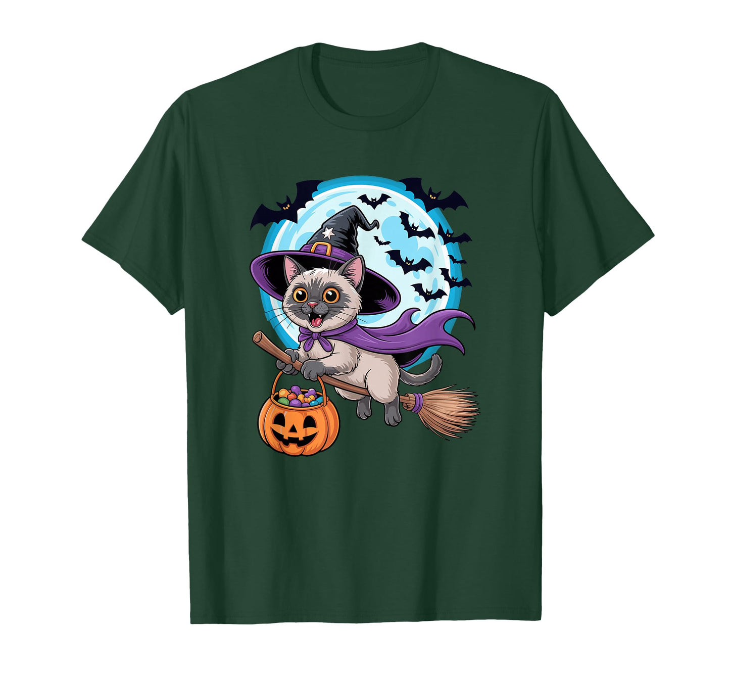 Halloween Witch Siamese Cat Moon Meezer T-Shirt