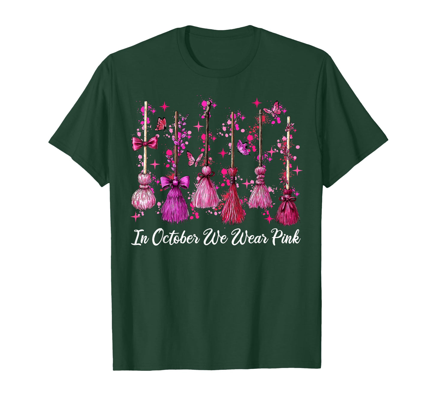in October We Wear Pink Witch Broom Halloween Breast Cancer T-Shirt