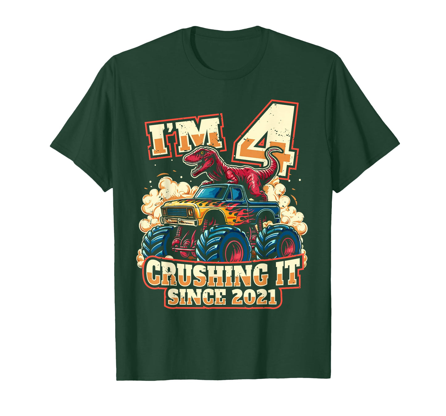 4 Year Old Boys 4th Birthday Dinosaur Monster Truck Party T-Shirt