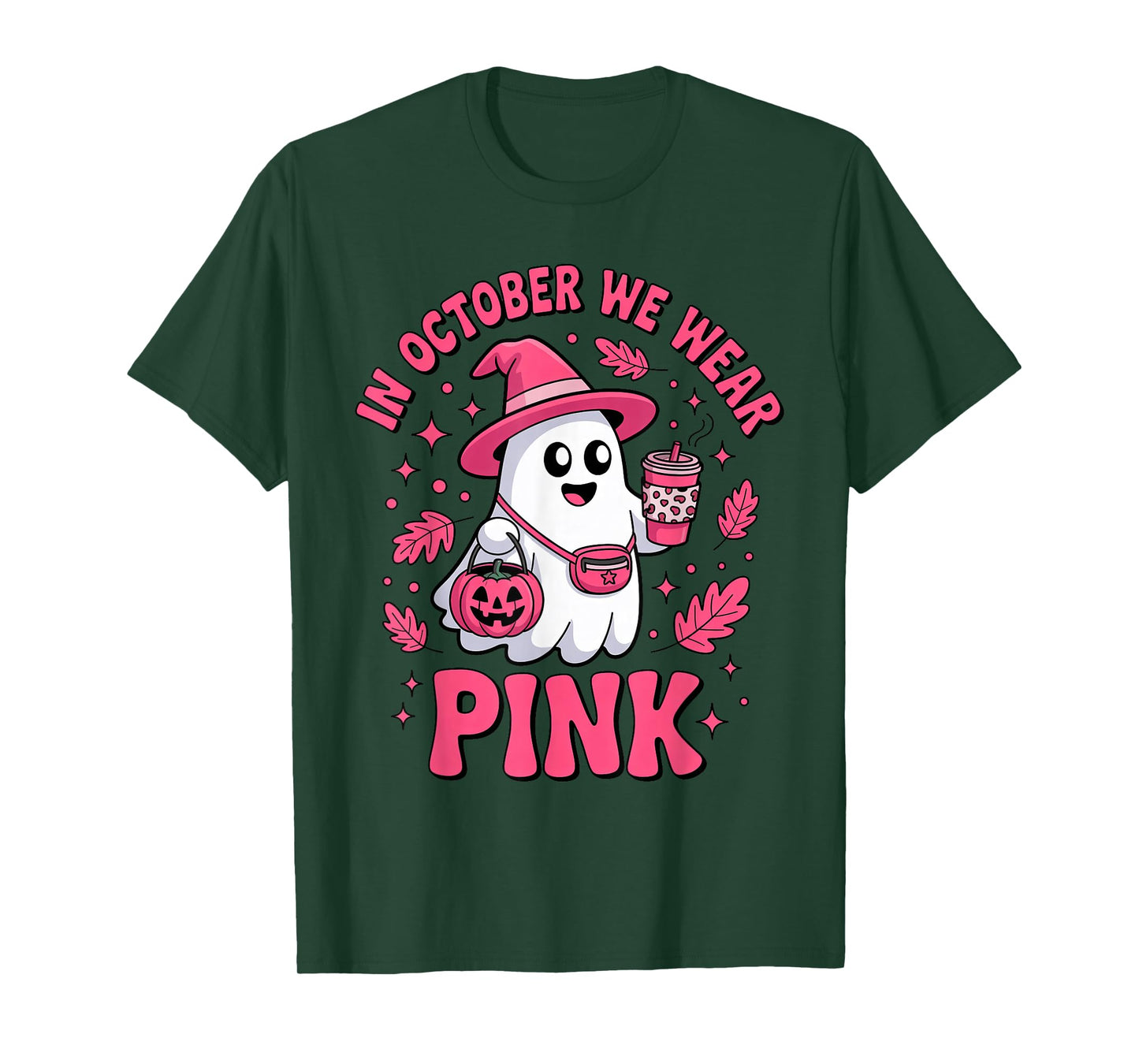 in October We Wear Pink Ghost Dinking Coffee Breast Cancer T-Shirt