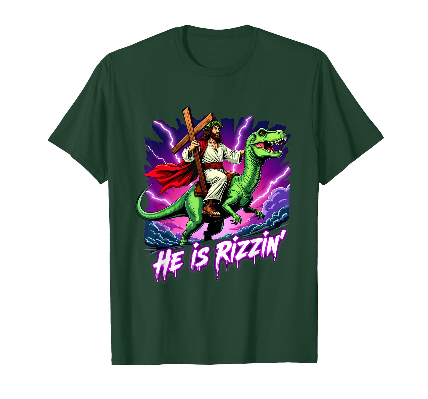 Retro Jesus Christian He Is Rizzin' Riding T-Rex Dinosaur T-Shirt