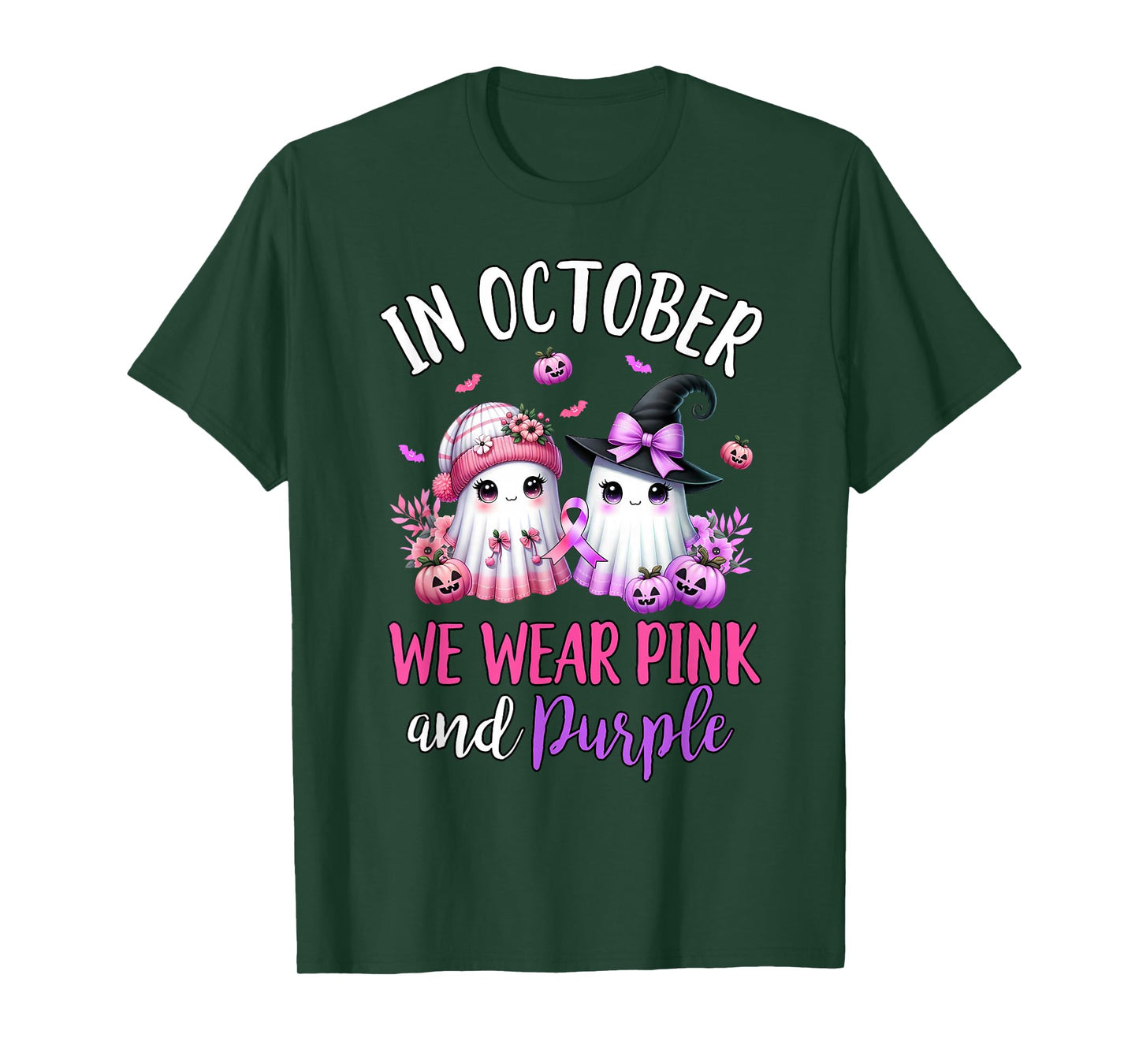 in October We Wear Purple and Pink Ghost Witch Breast Cancer T-Shirt