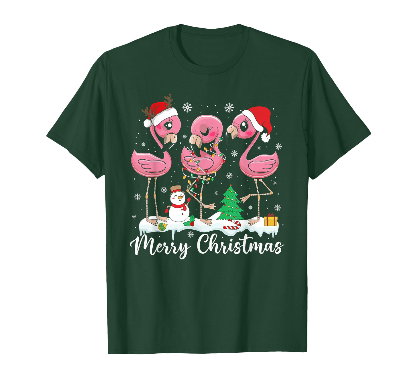 Merry Christmas Lights Red Santa Hat Family Xmas Flamingo T-Shirt