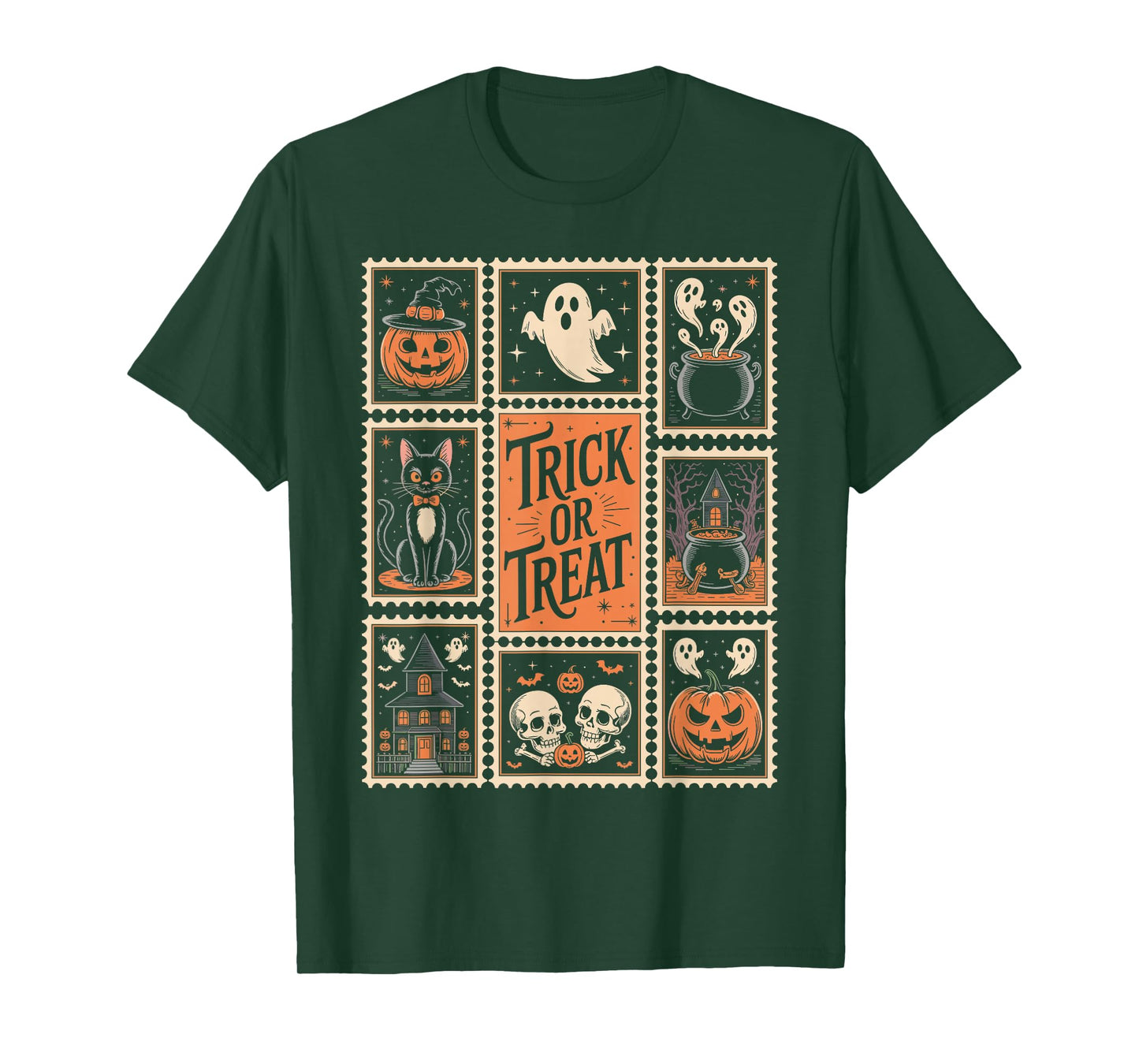 Halloween Stamps Spooky Pumpkin Ghost Cat Witch Skeleton T-Shirt