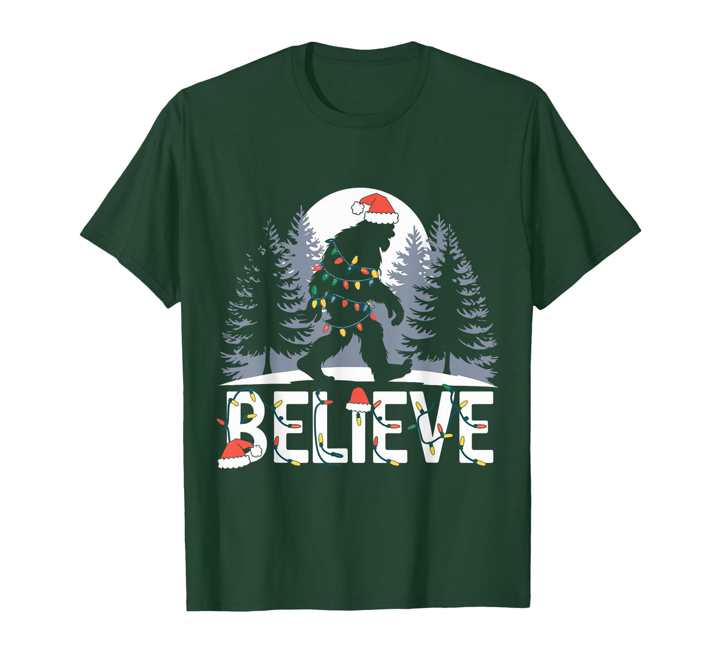 Santa Bigfoot Christmas Lights Funny Sasquatch Believe Xmas T-Shirt