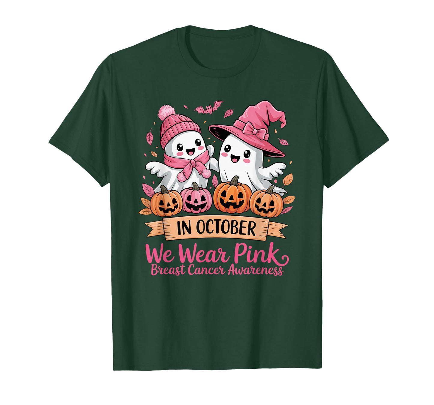 in October We Wear Pink Ghost Witch Breast Cancer Awareness T-Shirt