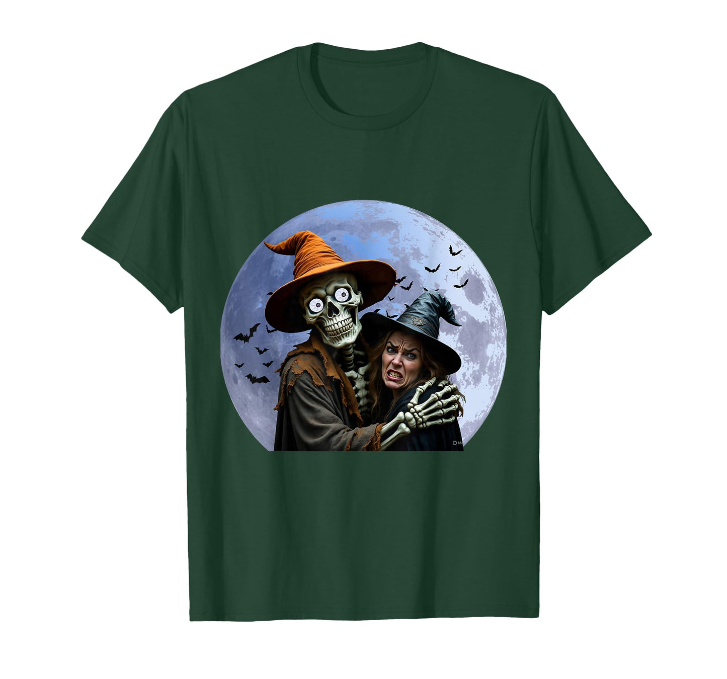 Halloween Skeleton Holding A Witch Under The Full Moon T-Shirt