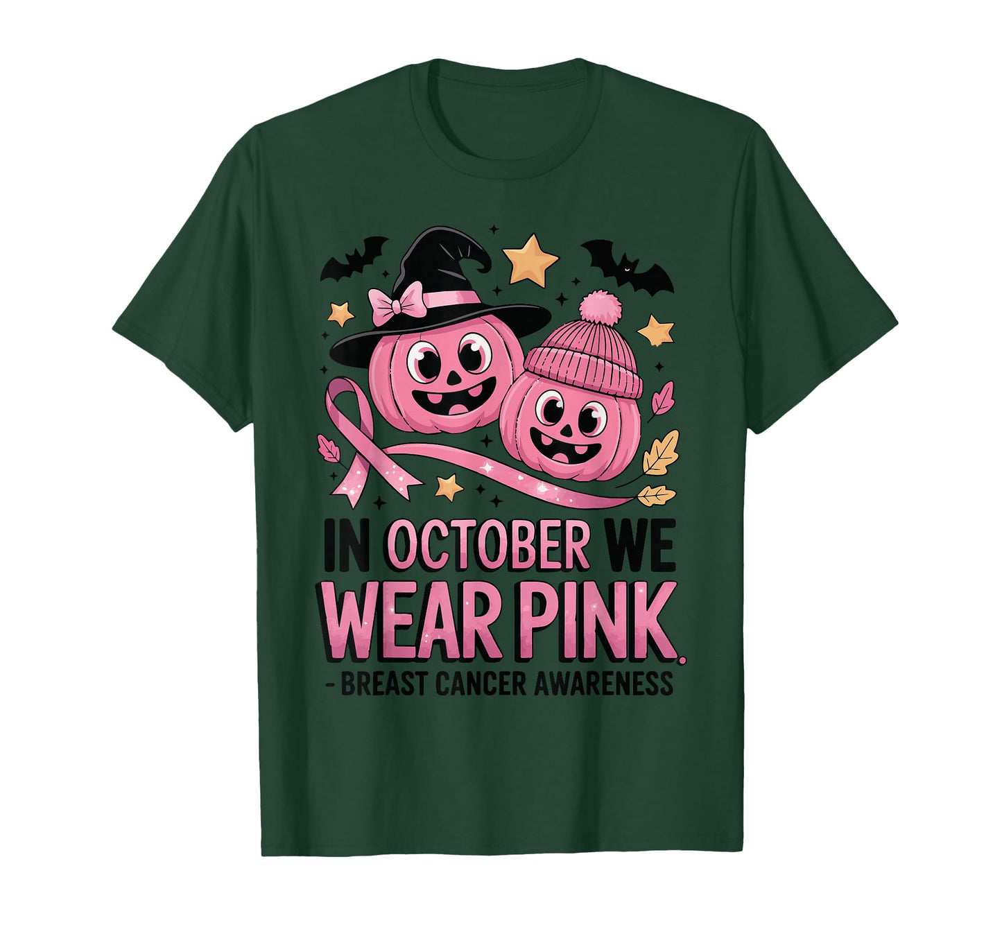 in October We Wear Pink Ghost Witch Breast Cancer Awareness T-Shirt