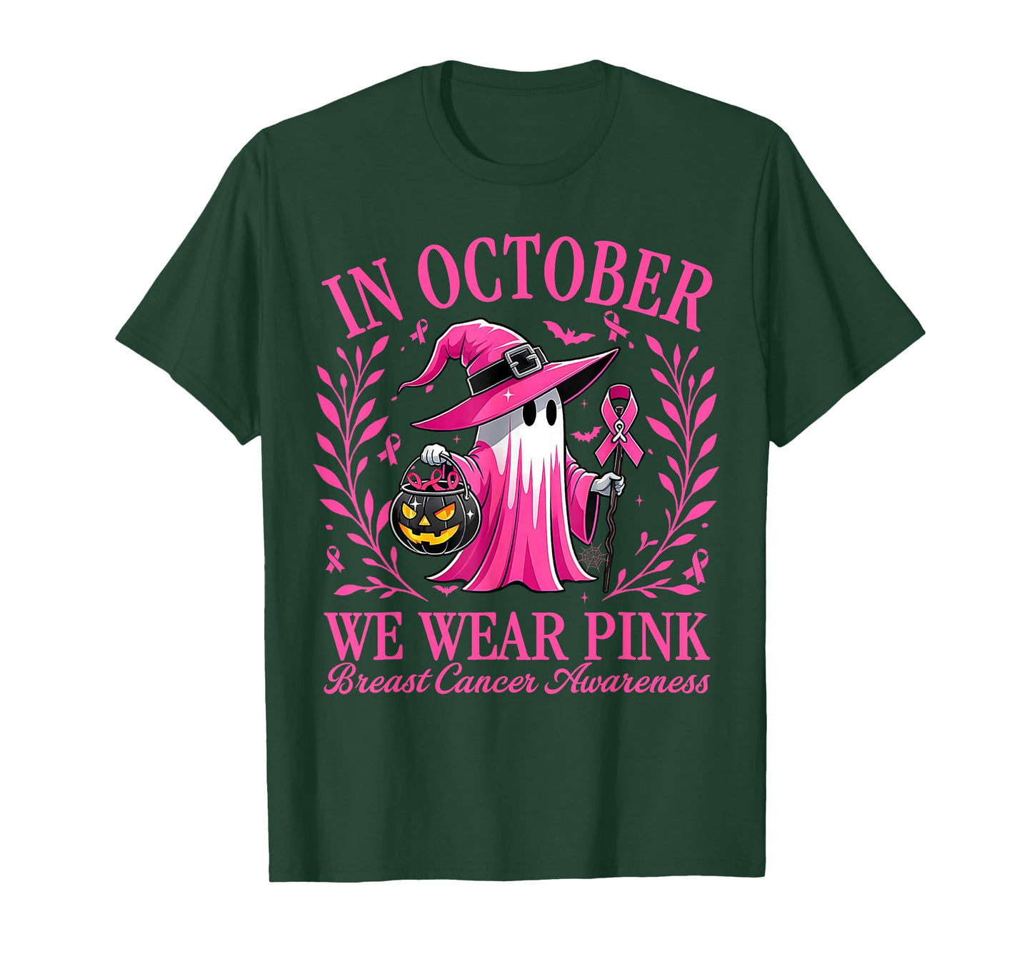 in October We Wear Pink Witch Breast Cancer Women Halloween T-Shirt