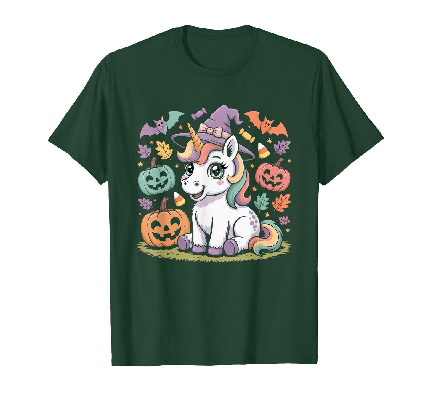 Cute Unicorn Witch Hat Halloween Pumpkin Candy Kids Shirt T-Shirt