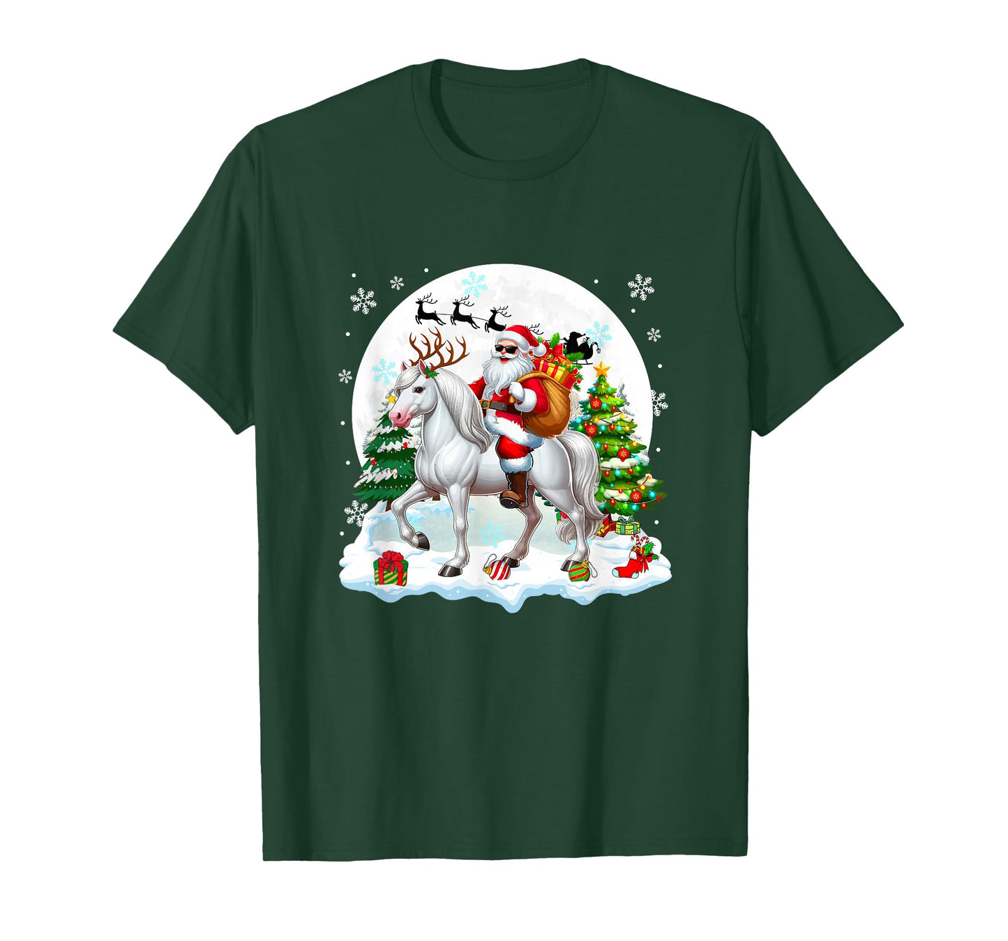 Santa Sunglasses Riding Horse Reindeer Christmas Snowman T-Shirt