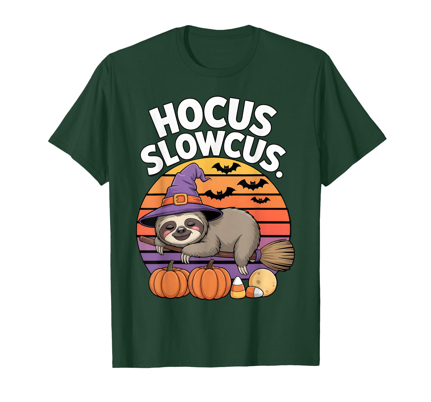 Hocus Slowcus Sloth Witch Hat Broom Pumpkin Bat Halloween T-Shirt