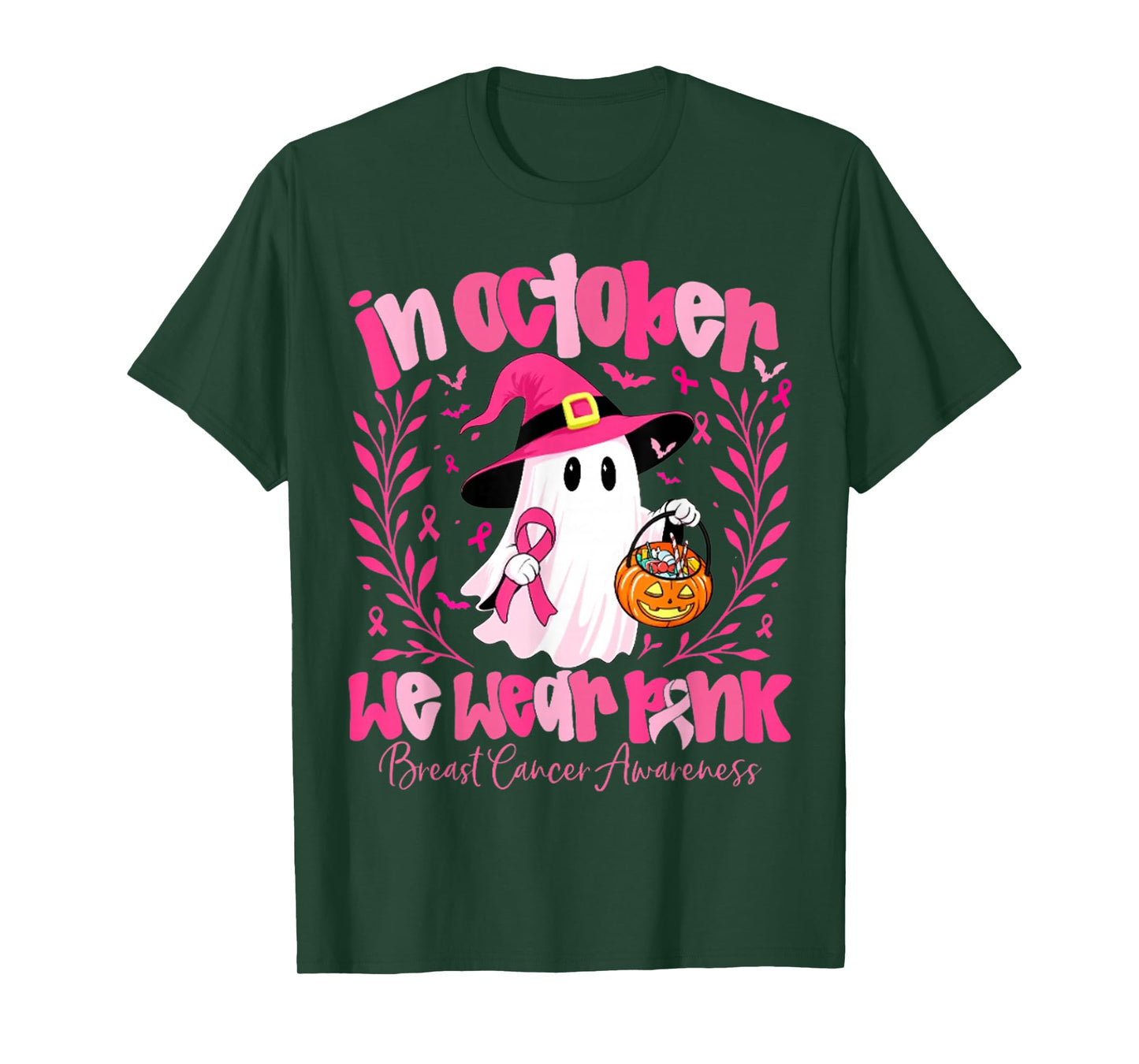 in October We Wear Pink Ghost Witch Breast Cancer Awareness T-Shirt