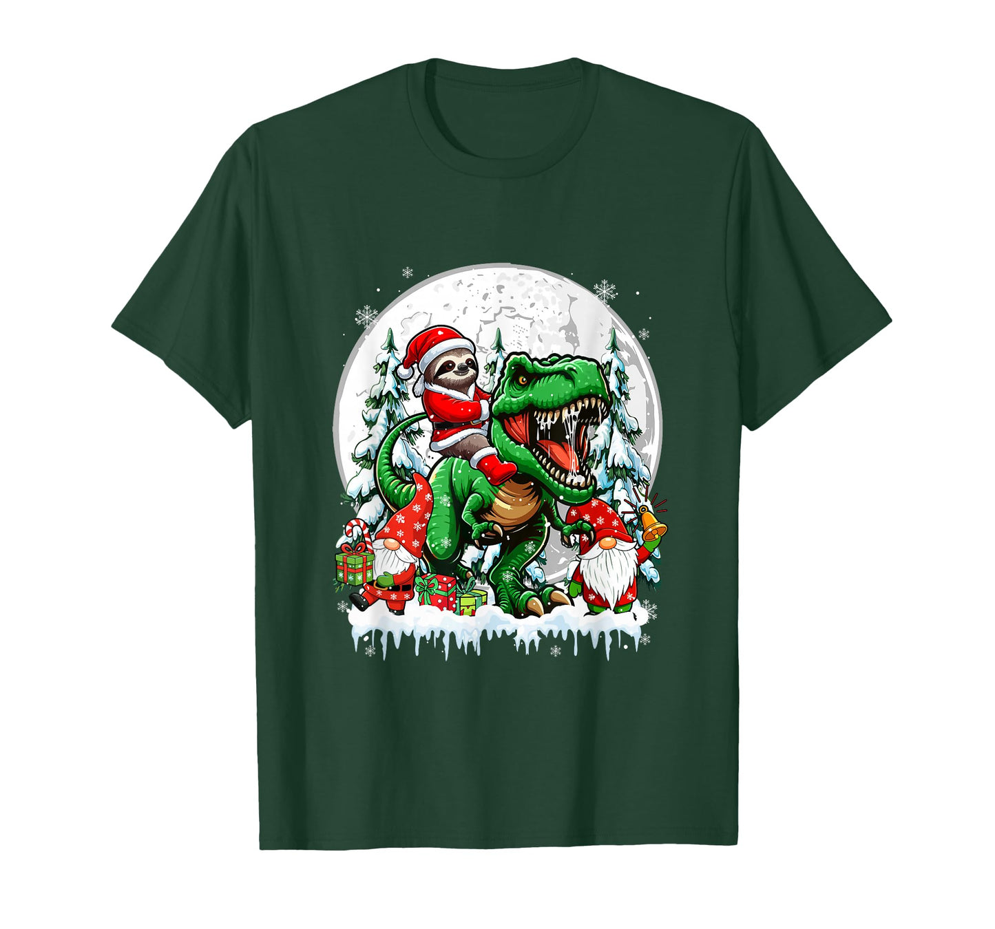 Santa Sloth Riding T-Rex Gnomes Christmas Trees Family Kids T-Shirt