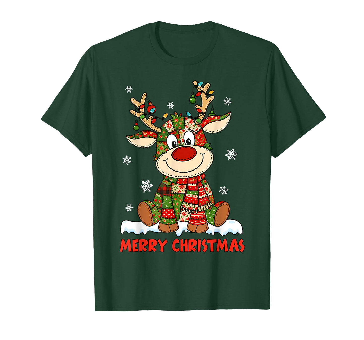 Merry Christmas Lighting Reindeer Patchwork Matching Family T-Shirt