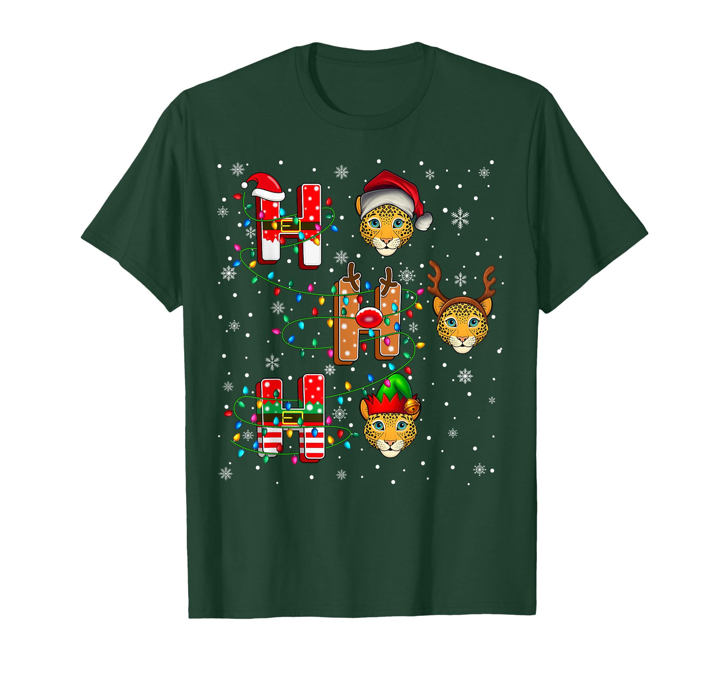 Ho Ho Ho Santa Reindeer Hat Elf Leopard Animal Christmas T-Shirt