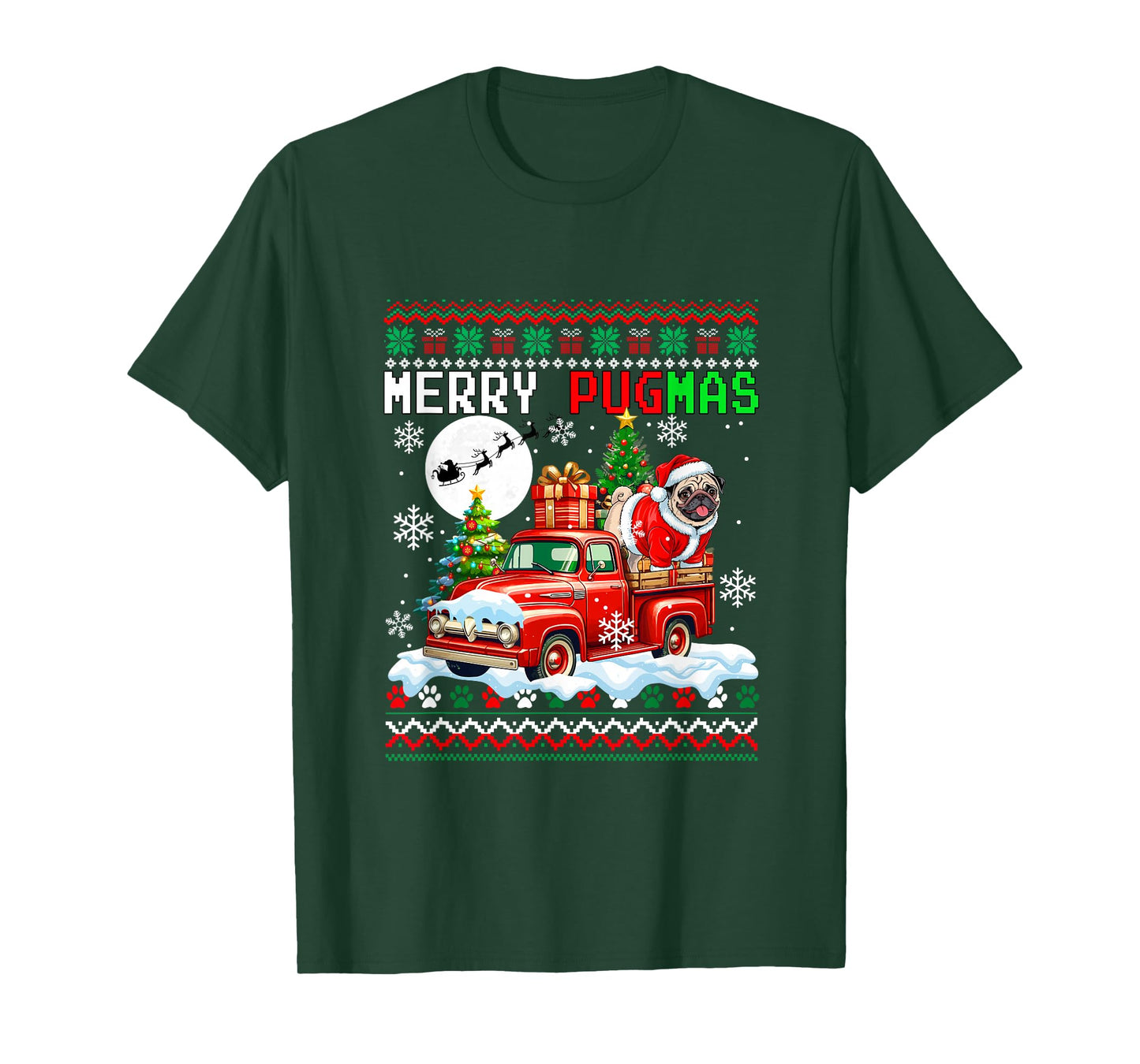 Merry Christmas Sweater Santa Pug On Pickup Truck T-Shirt