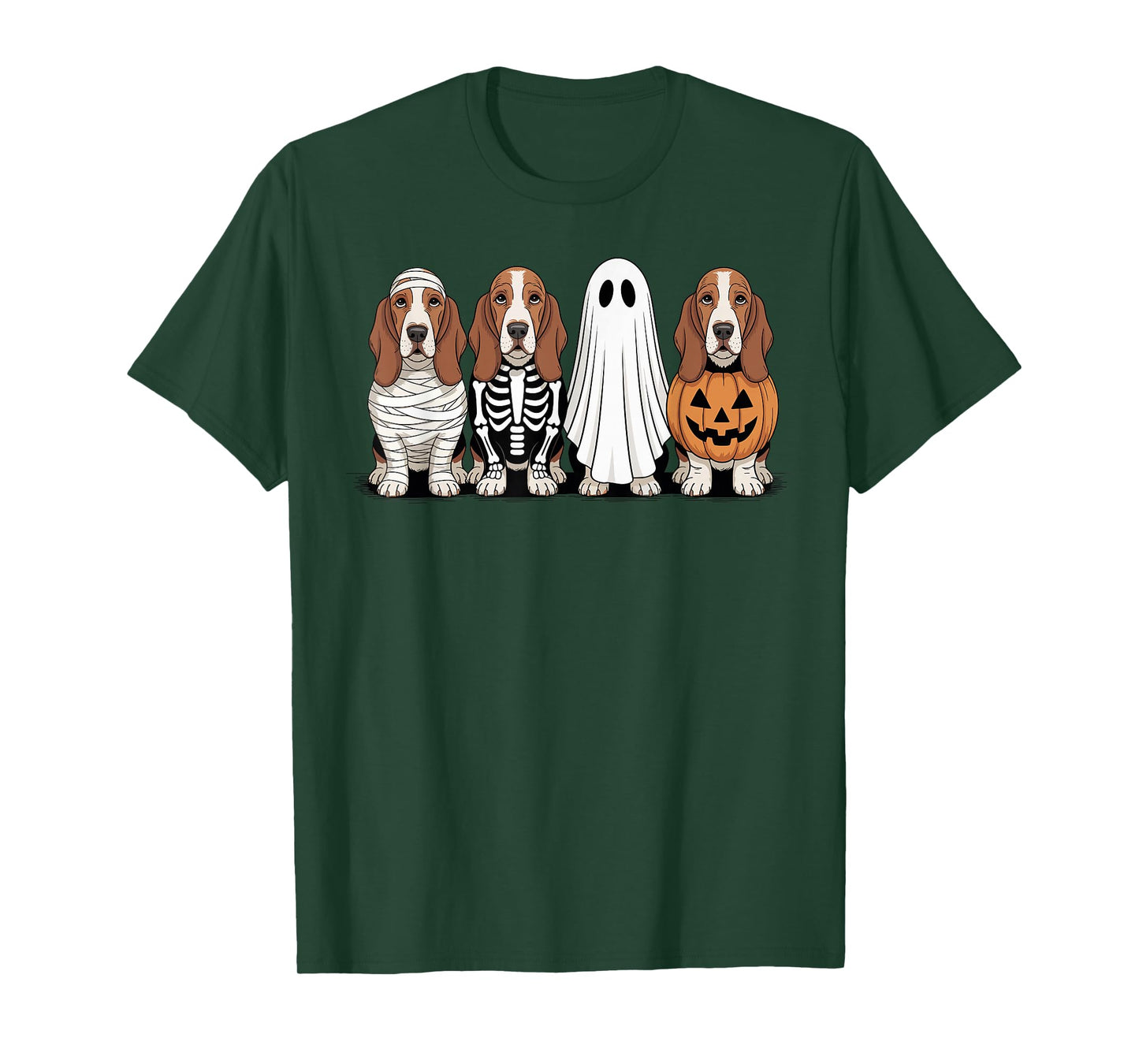 Spooky Ghost Basset Hound Pumpkin Halloween Dog Skeleton T-Shirt