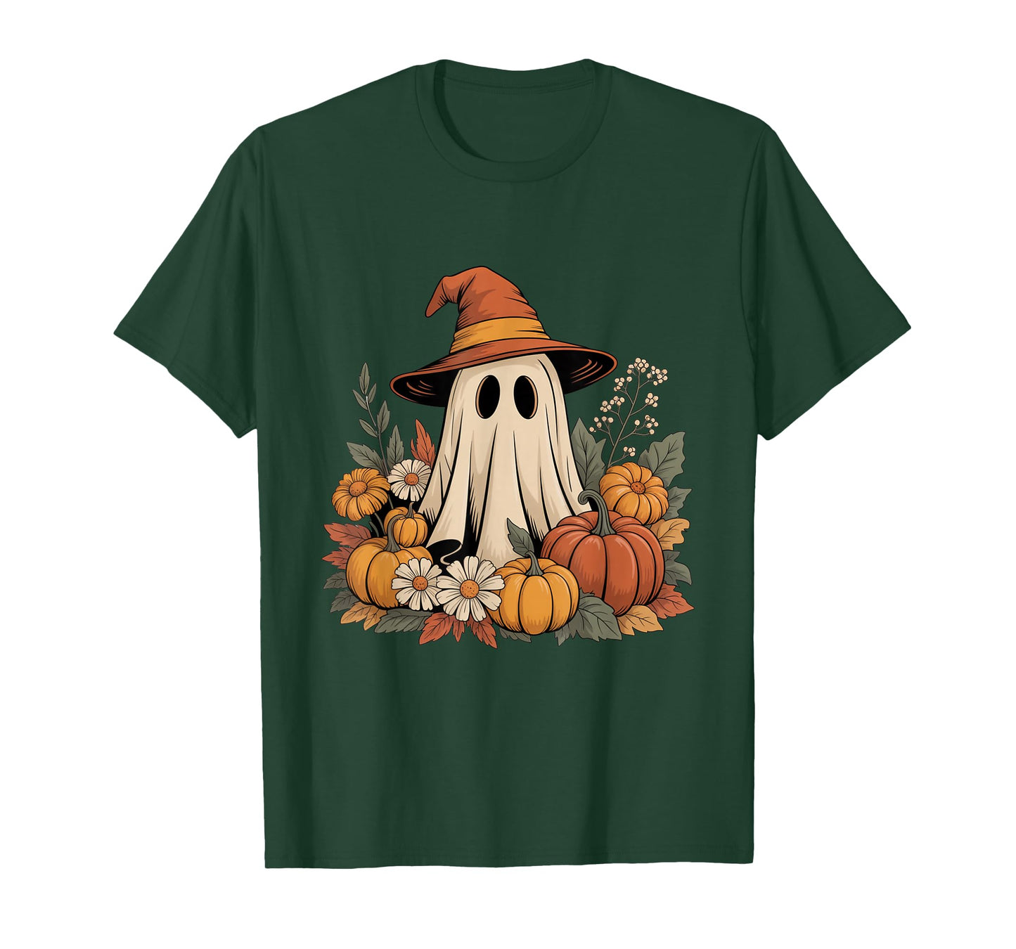 Cute Ghost with Pumpkins and Flowers Halloween T-Shirt