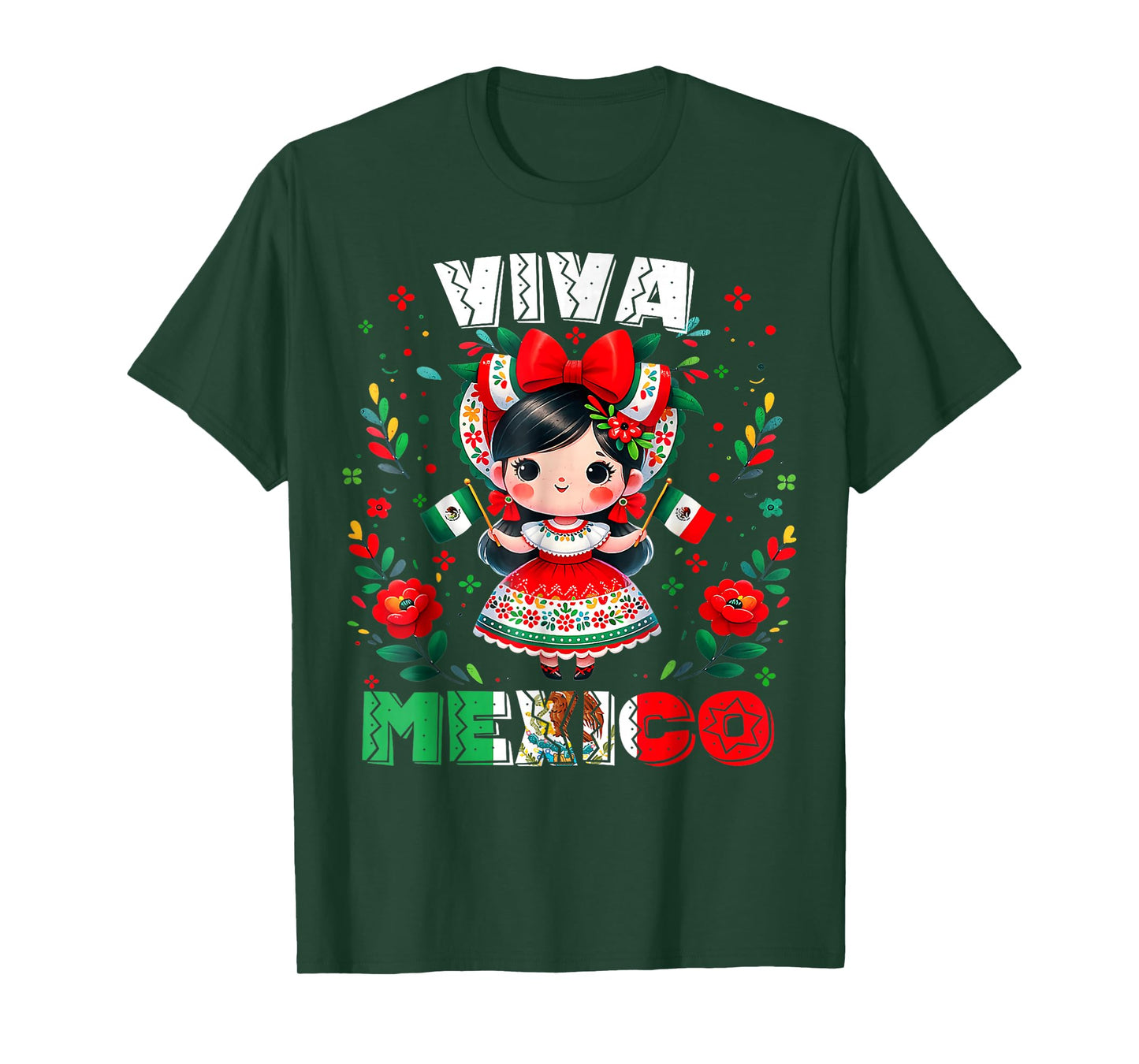 Viva Mexico Mexican Girl Flag Independence Day Girls Kids T-Shirt