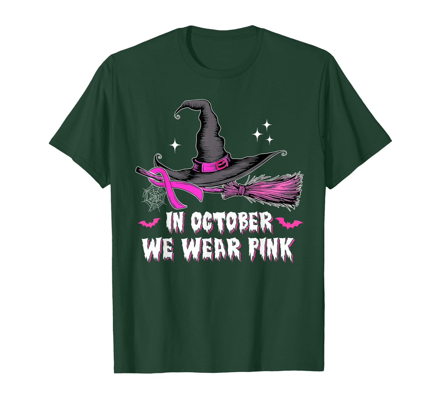 in October We Wear Pink Witch Broom Breast Cancer Halloween T-Shirt