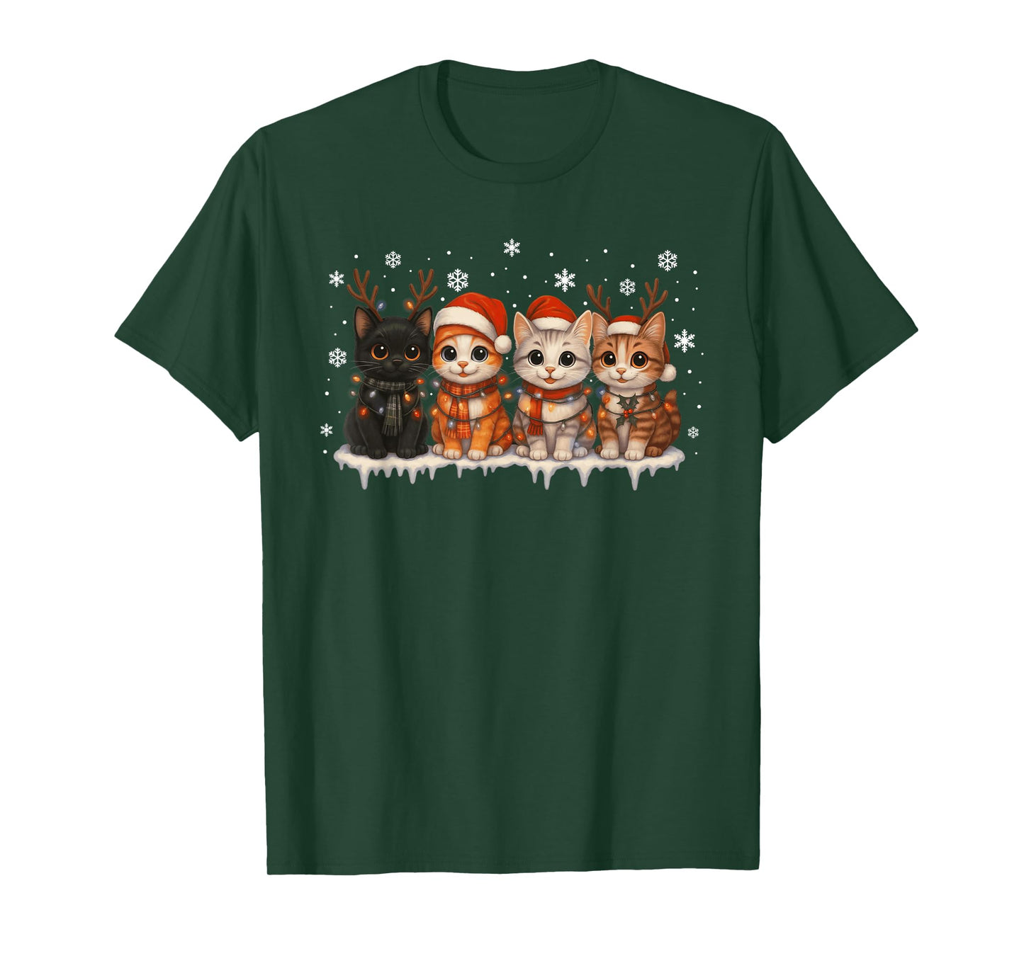 Cat Christmas Lights Reindeer Santa Hat Xmas Funny Cat Lover T-Shirt