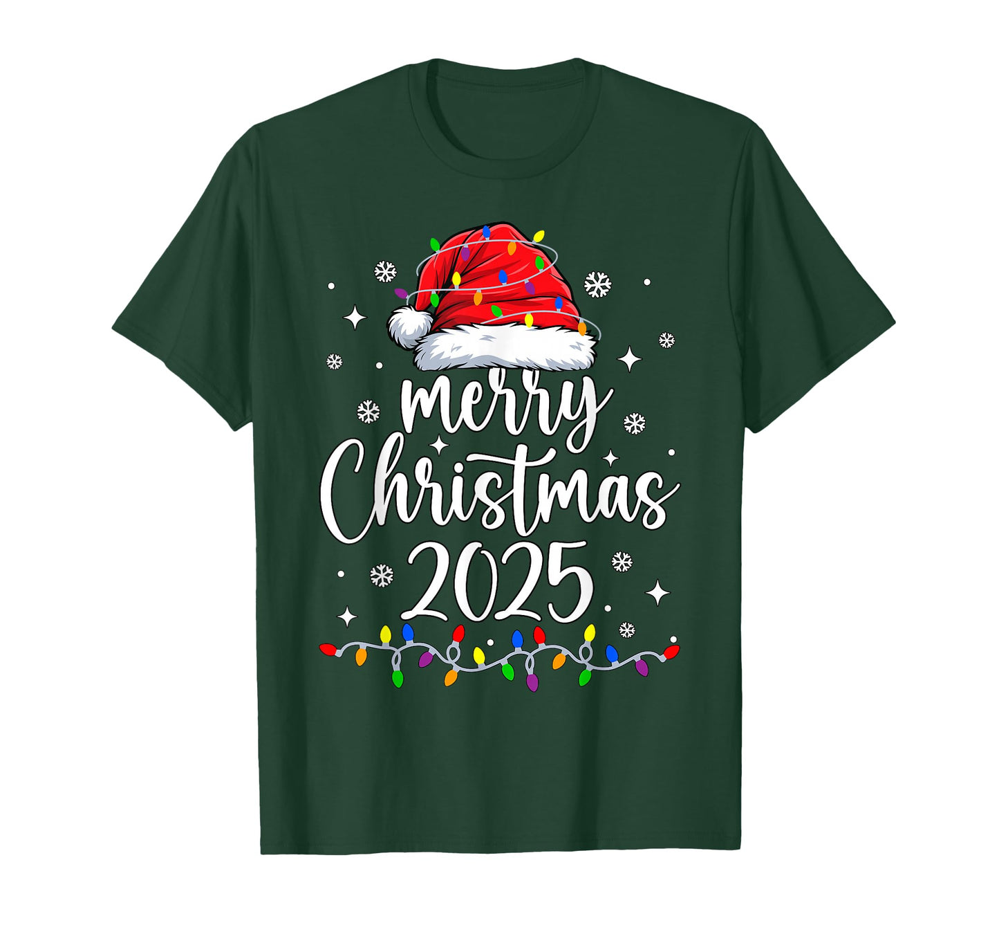 Merry Christmas 2025 Lights Red Santa Hat Xmas Men Women Kid T-Shirt