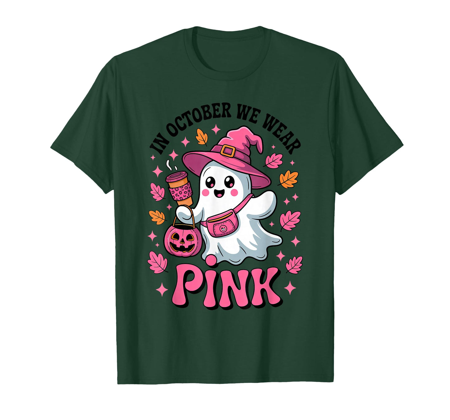 in October We Wear Pink Ghost Coffee Breast Cancer Awareness T-Shirt