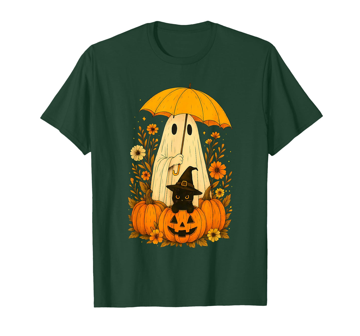 Vintage Halloween Ghost Holding Black Cat Groovy Floral T-Shirt