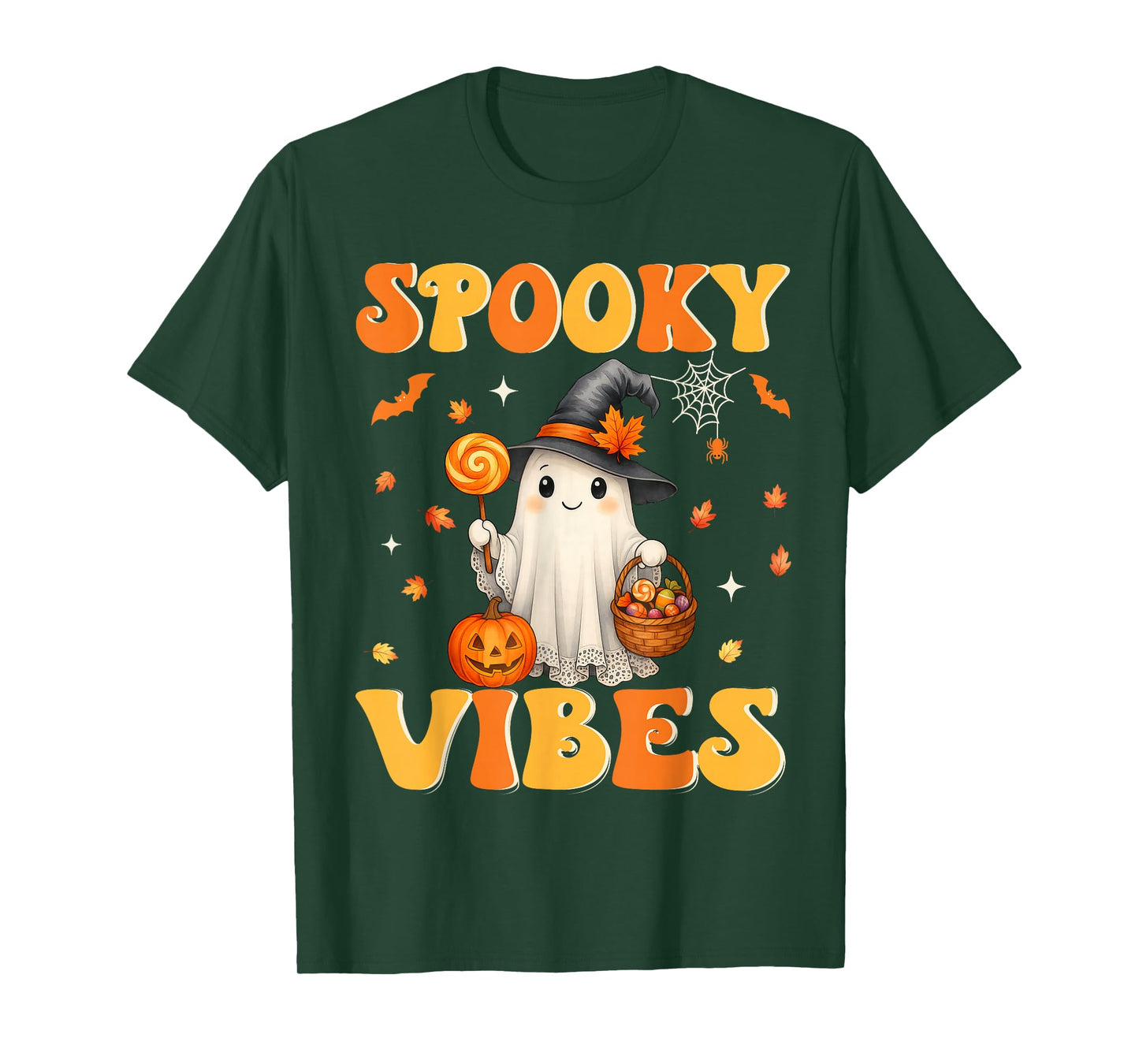 Groovy Spooky Vibes Retro Ghost Holding Pumpkin Halloween T-Shirt