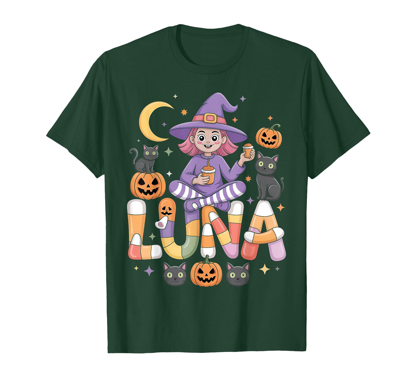 Luna Witch Candy Corn Cat Halloween Women and Girls T-Shirt