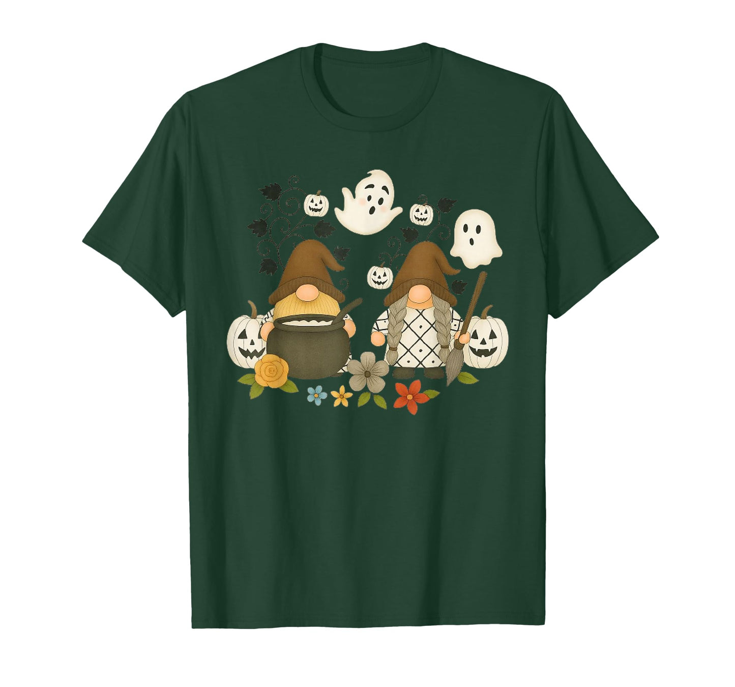 Funny Gnome Halloween with Pumpkin Ghost Leopard Design T-Shirt