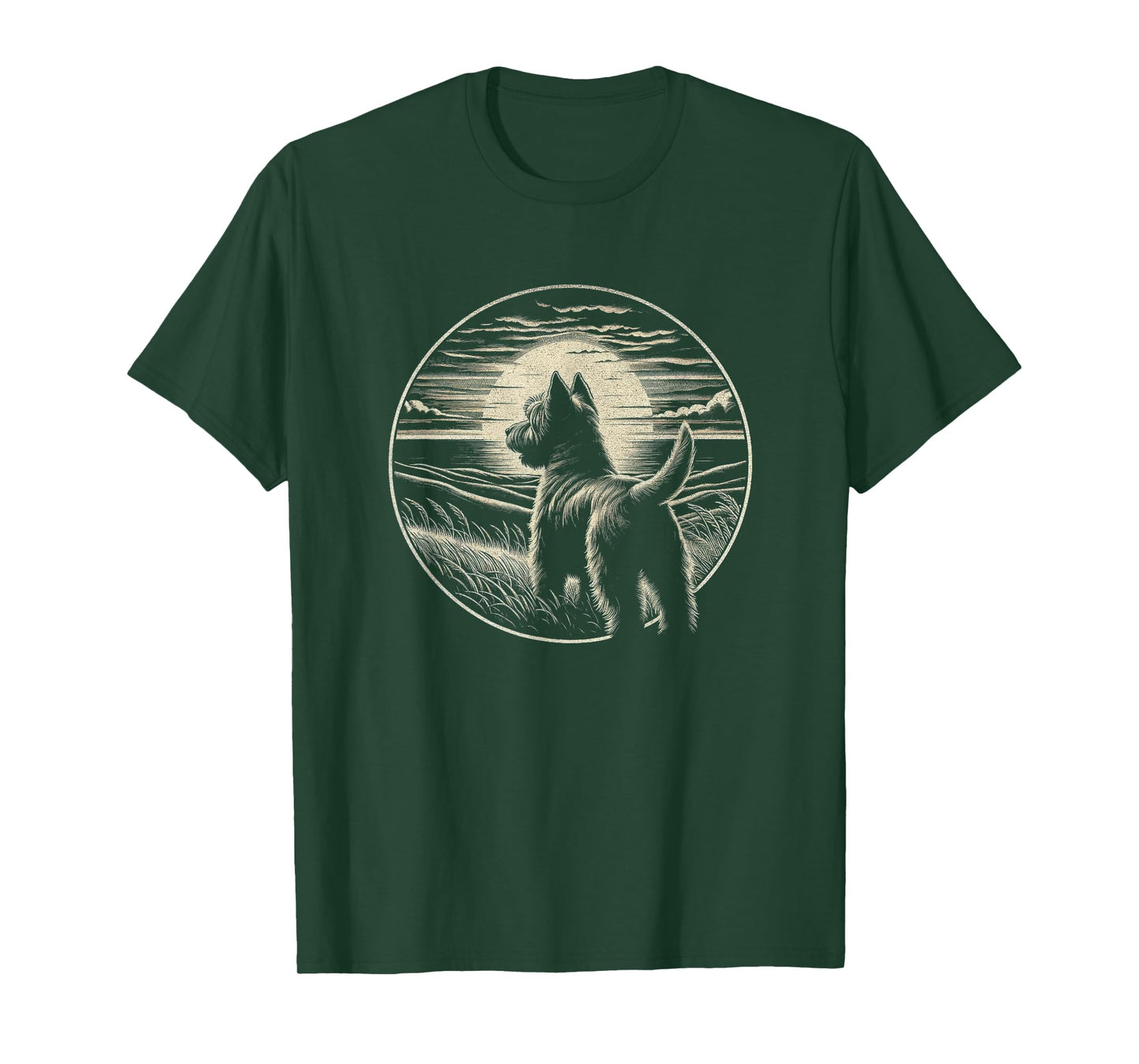 Vintage Cairn Terrier Dog Retro Sunset Scene Art Design T-Shirt for Men Women