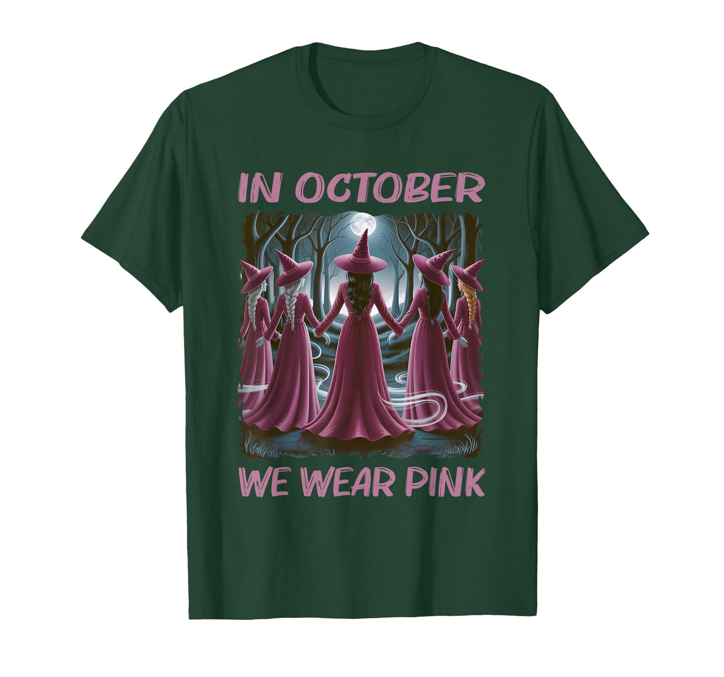in October We Wear Pink Witch Halloween Breast Cancer Women T-Shirt