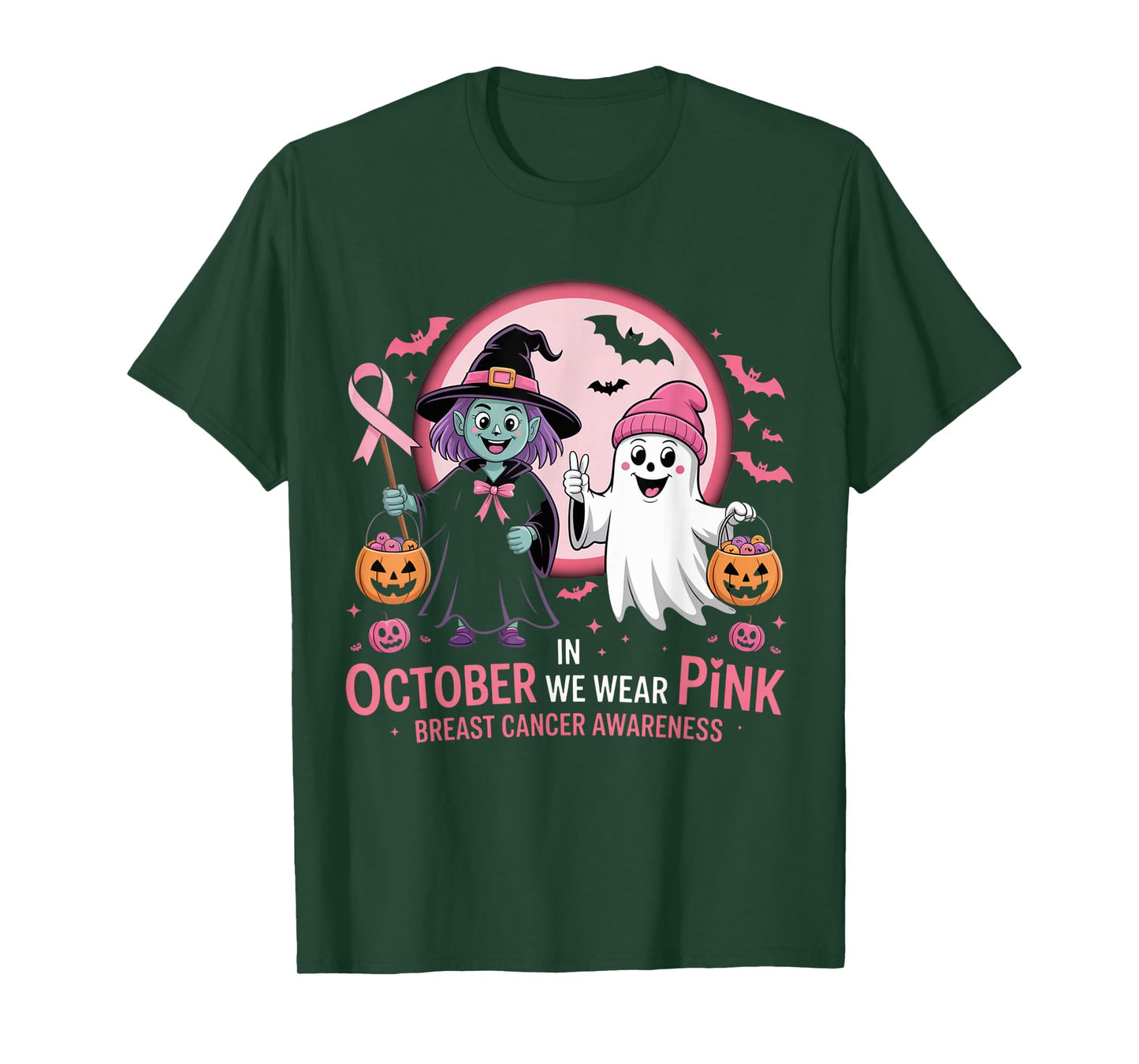in October We Wear Pink Ghost Witch Breast Cancer Awareness T-Shirt